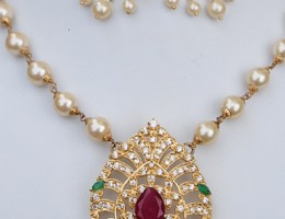 American Diamond Necklace Set with Pearl Chain, Emeralds and Rubies